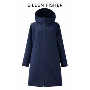 Eileen Fisher Hooded Jacket Navy Lightweight Long Minimalist Zip Coat Women L